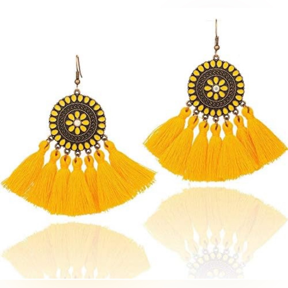 NEW Boho Tassel Rhinestone Dangle Hook Earrings - Yellow